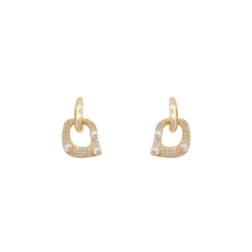 Delicate Hollow Square Cubic Zircon Pendant Earrings for Women Girls Faux Pearl Earrings Wholesale Accessories
