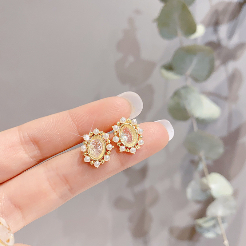 Korean Trendy Oval Opal Stud Earrings For Women Elegant Pearl Beads Zircon Wedding Jewelry