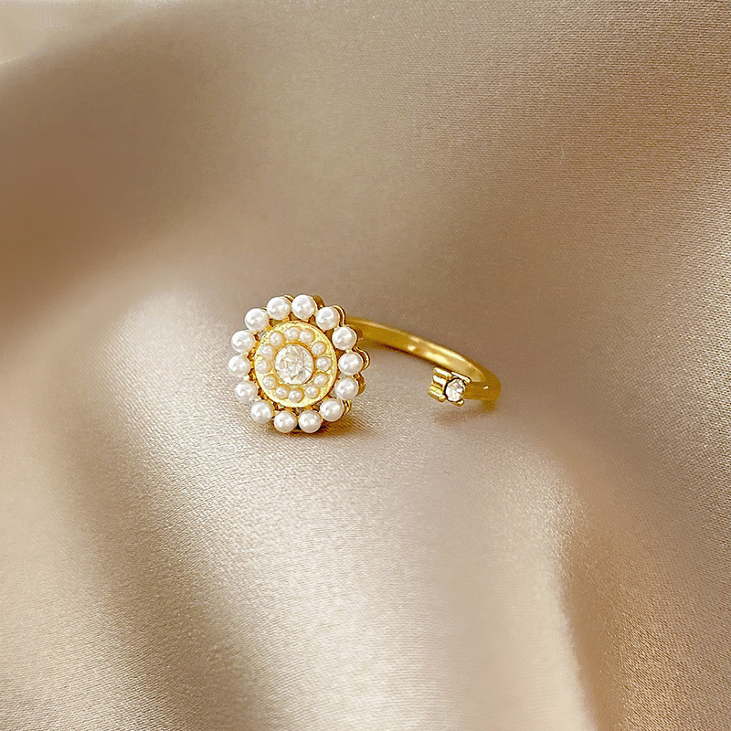 2022 Korean New Exquisite Geometric Round Pearl Ring Women's Fashion Temperament Simple Versatile Open Ring