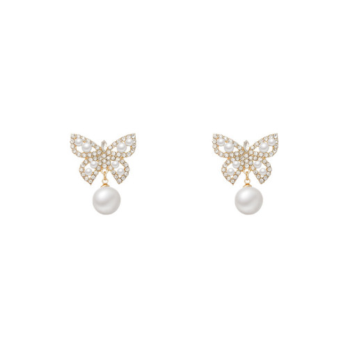 Korean Version of Fashion Hot Selling Earrings Simple Trendy Crystal Butterfly Pearl Ear Nail Earrings Women Manufacturers