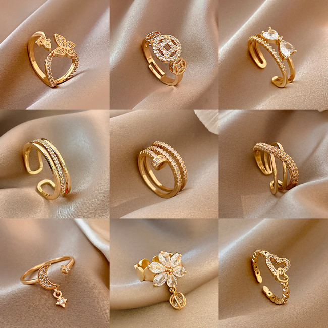 2022 New Trend Rings Gold Color Cubic Zircon Flower Star Moon Heart Adjustable Ring for Women Birthday Party Banquet Gift