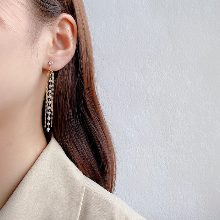 2022 Original Korean Trendy Fashion Rice Bead Chain Pearl Long Tassel Ear Line Simple Personality Earrings Female Party Jewelry