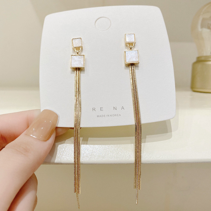 Korean Style Gold Tone Geometric Square Earrings Trendy Long Curved Tassel Earrings Wholesale Jewelry