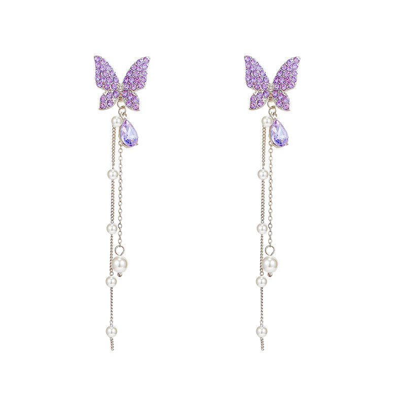 Original Fashion Trend Earrings Creative Purple Butterfly Full Zircon Pearl Long Tassel Earrings Wild Jewelry Wholesale