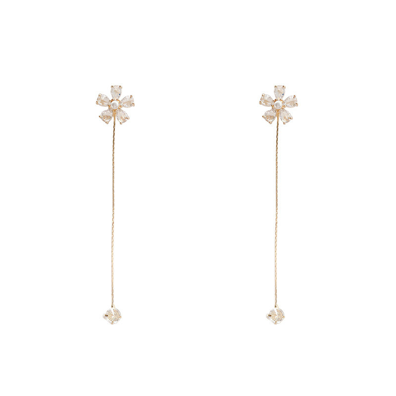 Shinning Cubic Zirconia Flower Long Tassel Earrings Korea Gold Color Metal Floral Statement Dangle Earrings for Women Girl Gift