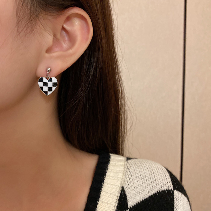 2022 Fashion Lovely Blue White Checkerboard Heart Earrings Trendy  Cute Summer Ear Jewelry for Women Girls