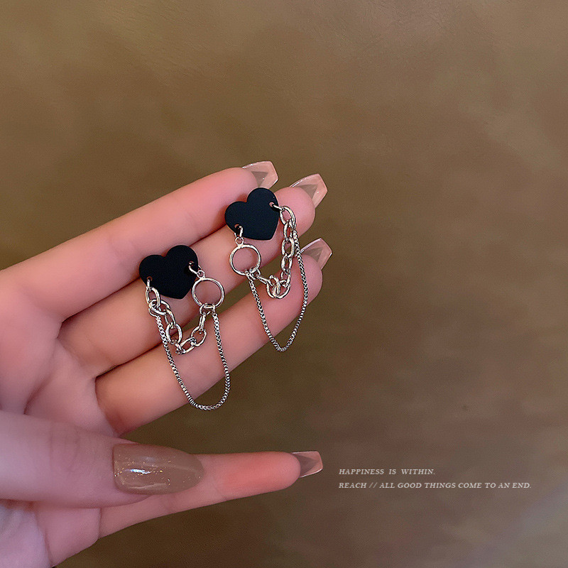 Fashion Women Drop Earrings Double Silver Color Chain Link Black Heart Sweet and Cool Hip Hop Style 2022