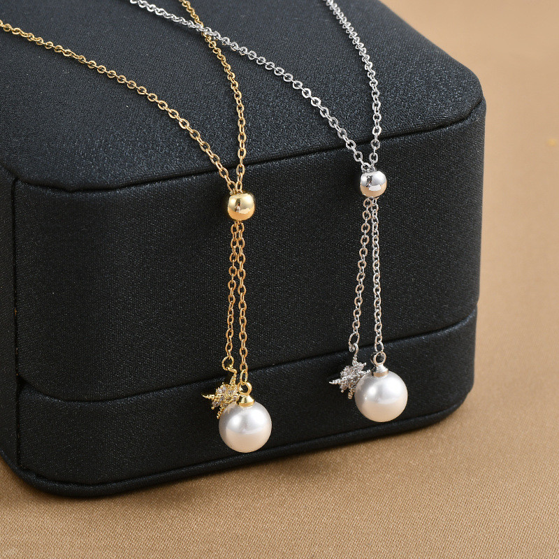 Elegant Rhinestone Star Pendant Necklace for Women Chain Round Bead Pearl Adjustable Tassel Pendant Pearl Necklace
