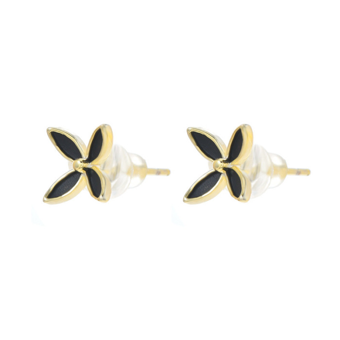 Black White Enamel Flower Earrings Piercing Plant Jewelry Female Accessories