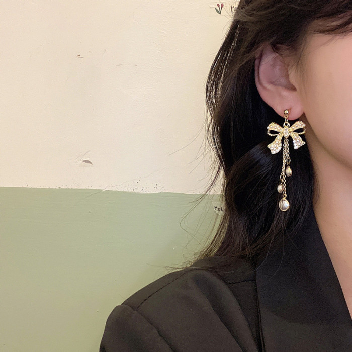 Korean Bow Shape Imitation Pearl Earrings Rhinestone Bowknot Long Pearl Tassel Earrings Party Gifts Jewelry