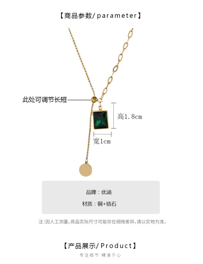 Hot Sale Fashion Jewelry Elegant Square Green Zircon Round Disc Double Pendant Necklace