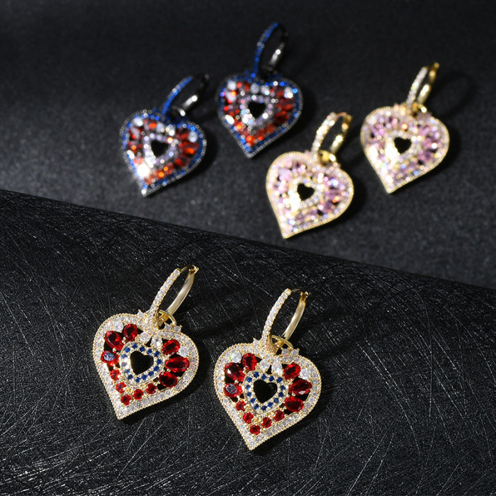 Fashion Cubic Zircon Love Heart Pendant Earrings Korean Style Geometric Hollow Hoops Earrings For Women Jewelry Gift