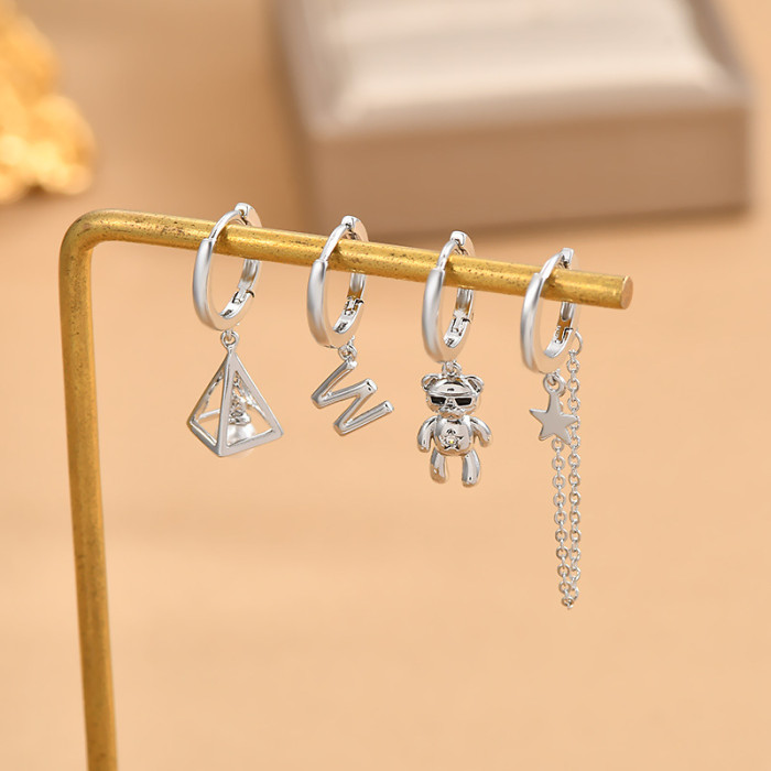 New Style Bear Letter Tassel Diamond Hoop 4 Piece Set Luxury Earrings Jewelry for Women