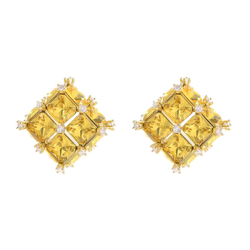 Exquisite Multi Color Zircon Cube Crystal Square Stud Earrings Gold Color Luxury Women Party Jewelry