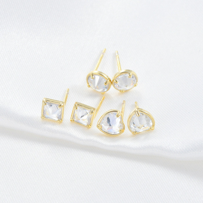18K Gold Plated Round Square Heart Earrings Simple Luxury CZ Zircon Cute Heart Shape Stud Earrings Set for Women Wedding Jewelry