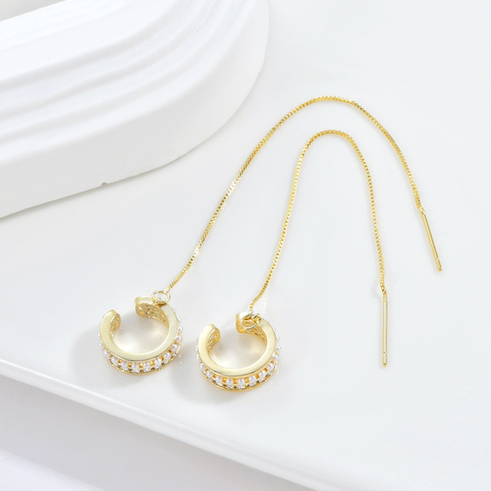 Titanium Stainless Steel Round Zircon Ear Line Female Rose Gold Long Tassel Earrings Jewelry For Women