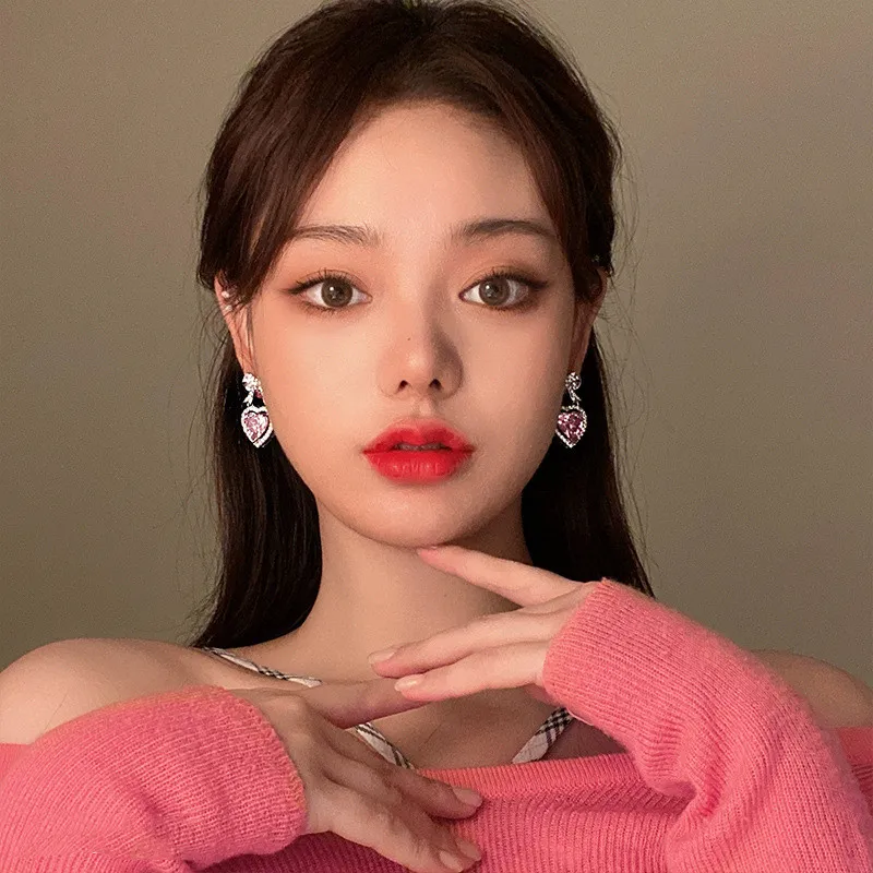 Korean Temperament Retro Zircon Bow Drop Earrings Silver Color BowKnot Heart Shaped Crystal Earring for Women Party