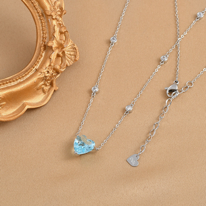 New Titanic Heart of Ocean Blue Crystal Heart Pendant Necklaces for Women Stainless Steel Zircon Chain Choker Wedding Jewelry
