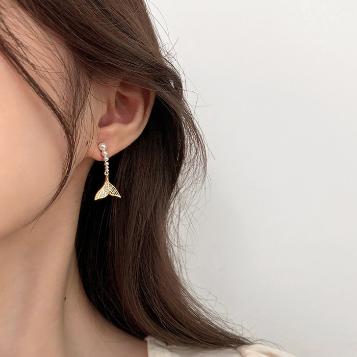 New Korean Zircon Fishtail Pearl Drop Earrings For Women Shiny Crystal Earring Girls Party Sweet Wedding Jewelry Wholesale