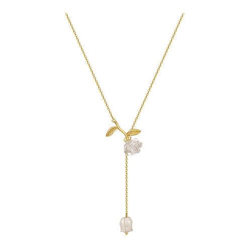 Sexy White Rose Wind Chime Pendant Necklace Women High Design Sense Flower Gold Chain Charm Choker Party Jewelry