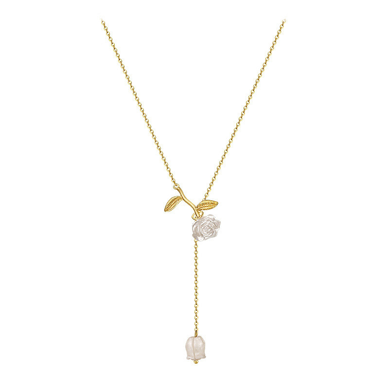 Sexy White Rose Wind Chime Pendant Necklace Women High Design Sense Flower Gold Chain Charm Choker Party Jewelry