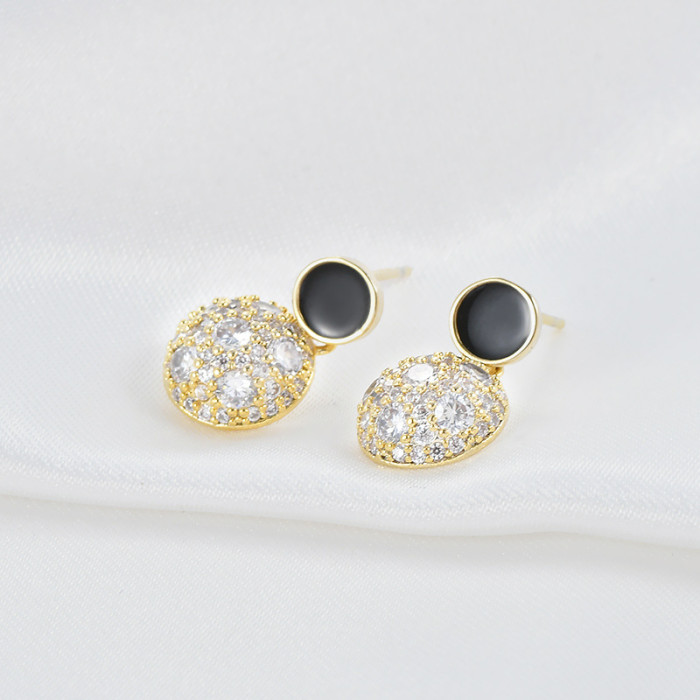 Luxury Female Black Round Stud Earrings Fashion Silver Color Wedding Jewelry Double Crystal Zircon Earrings for Women