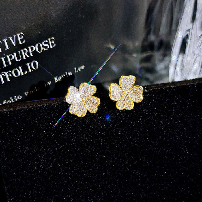 Exquisite Four Leaf Clover Zircon Stud Earrings for Women Gold Color Wedding Party Jewelry