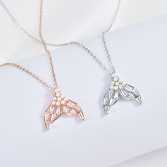 New Women's Silver Fresh Fishtail Shiny Zircon Pearl Pendant Necklace Girls Festival Gift 62293