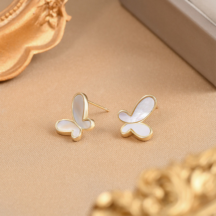 Ear Needle Stud Earring Minimalist Fresh Water Shell Butterfly Gold South Korea Jewelry for Women