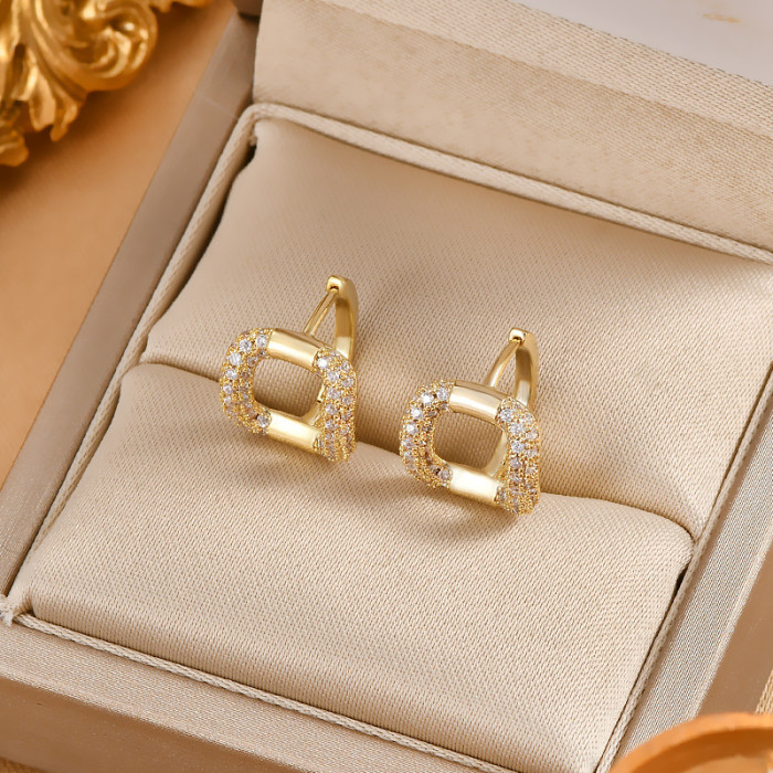 Luxury Geometric Gold Earrings for Women Square Zircon Hollow Clips Earrings Ear Buckle Female Business OL Ear Jewelry Gift