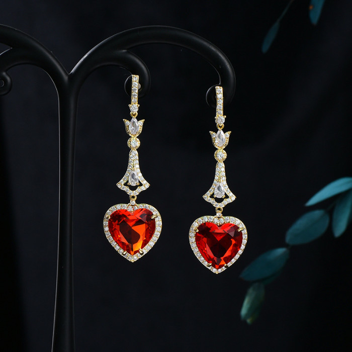 Temperament Flash Zircon Red Love Heart Long Earrings for Women Bridal Ear Jewelry Dropshipping
