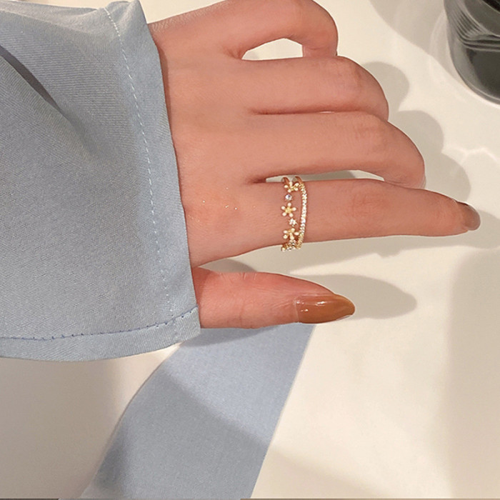 2022 Korean New Delicate Cubic Zircon Double Layer Adjustable For Women Trendy Cute Flower Rings Jewelry