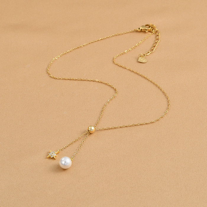 Elegant Rhinestone Star Pendant Necklace for Women Chain Round Bead Pearl Adjustable Tassel Pendant Pearl Necklace