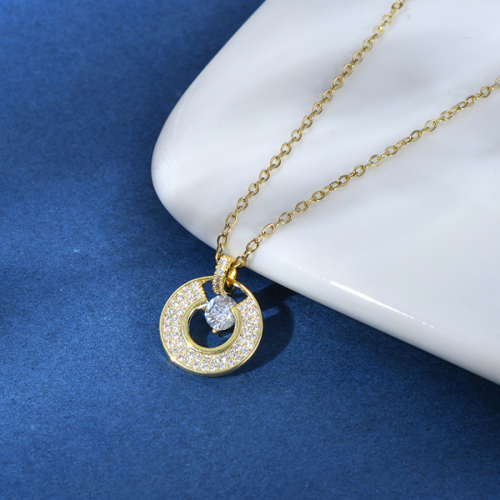 New Fashion Double Round Pendant Gold Rhinestone Double Circle Necklace For Women Jewelry Gift