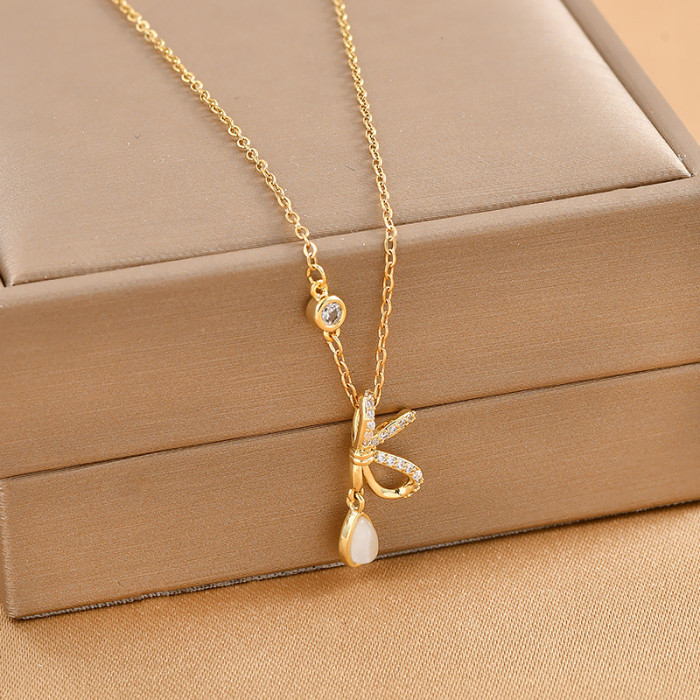 Inlaid Zircon Bow Necklace for Women Elegant Sweet Chain All Match Jewelry Gift