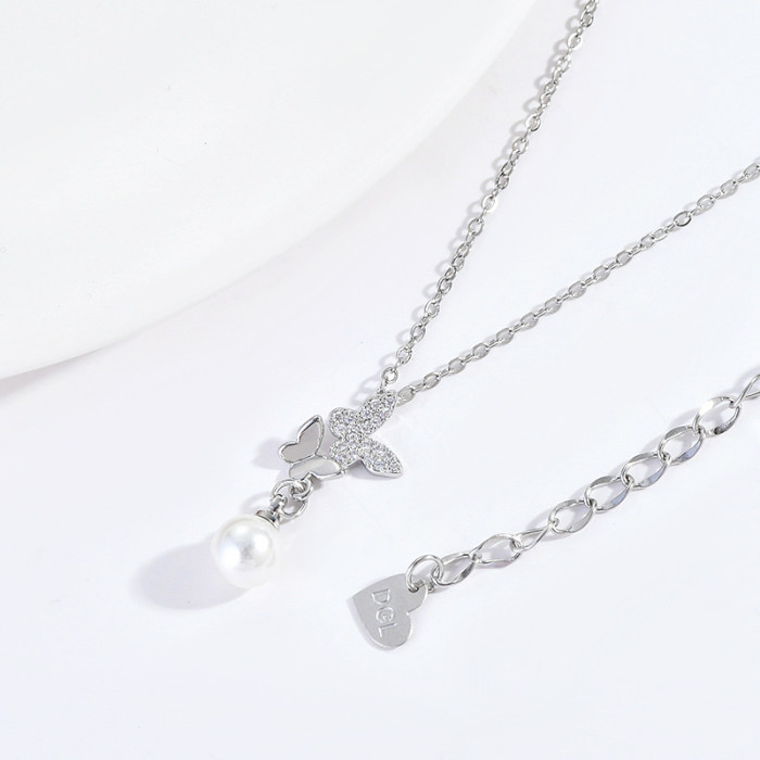 Trendy Zirconia Butterfly Pearl Tassel Necklace for Women Gift Beads Choker Wedding Jewelry