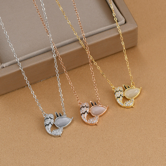 Cute Crystal Pink Fox Pendant Girl Jewelry Gold Shiny CZ Women Necklace Chain Clavicle Accessories Lady