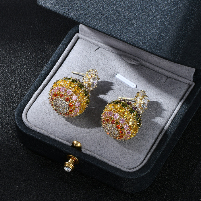 New Arrival Ball Shape Colorful Shinning Crystal Rainbow Copper Zircon Stud Earrings for Women Party Wedding Jewelry