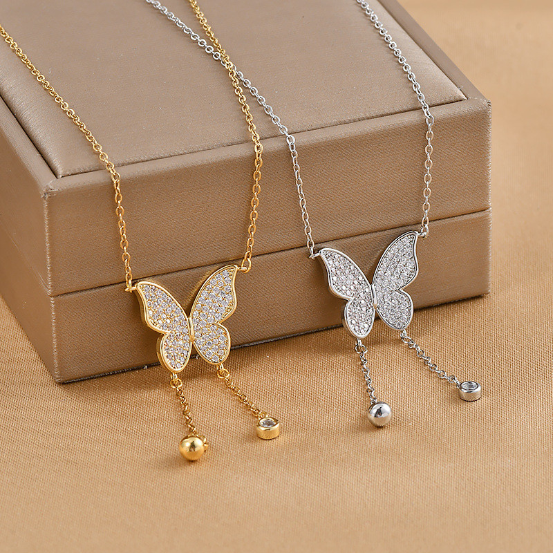 316L Stainless Steel New Fashion Fine Jewelry Butterfly Zircon Tassel Charms Chain Choker Necklaces Pendants For Women