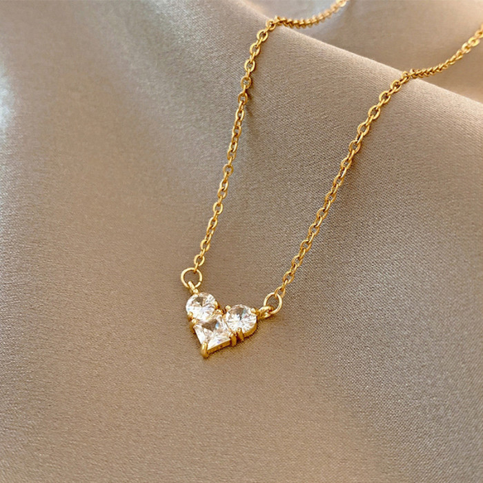 Stainless Steel Gold Color  Chain Zircon Heart Pendant Necklaces For Women Men CZ Crystal Lover Choker Valentine Jewelry Gift
