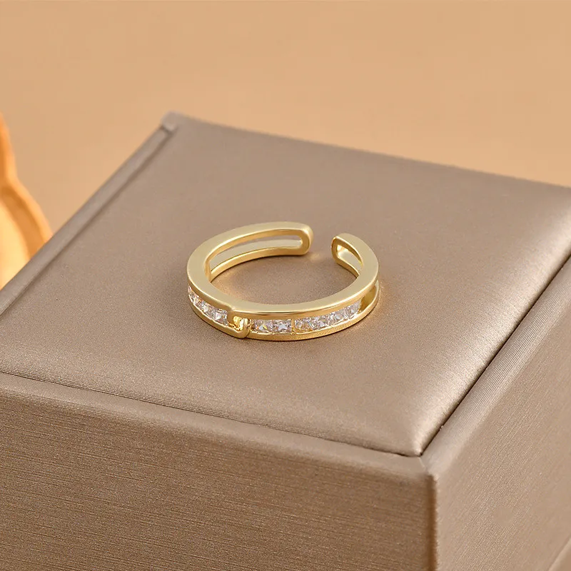 Sole Memory Double Layer Rhinestones Shiny Cool Silver Color Female Resizable Opening Rings