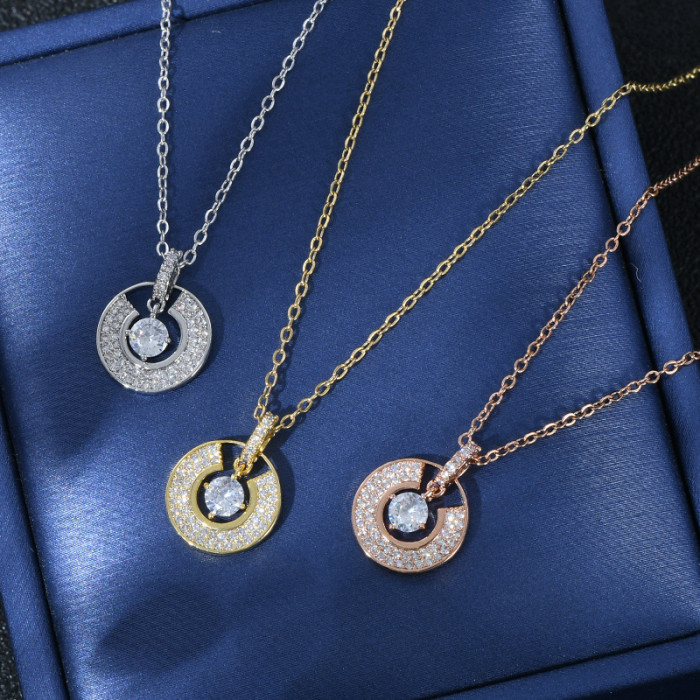 New Fashion Double Round Pendant Gold Rhinestone Double Circle Necklace For Women Jewelry Gift