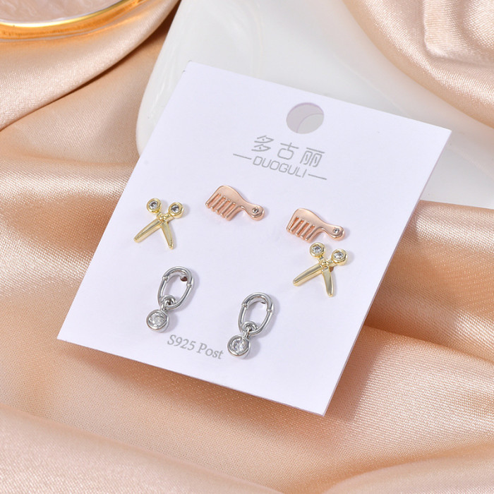 Cute Mini Comb Scissors Ear Studs Women's Fashion Golden Sliver Color Stainless Steel Stud Earrings Simple Jewelry Gifts
