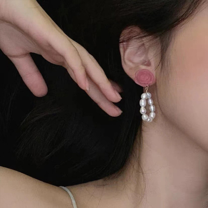 Korean Style Pink Rose Pearl Earrings Frosted Imitation Round Pearl Circle for Girls Festival Gifts