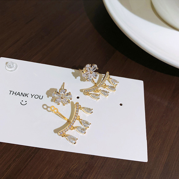 Fashion Simple Back Hanging Earrings Exquisite Zircon Five Petal Flower Tassel Earrings Elegant Princess Wedding Jewelry