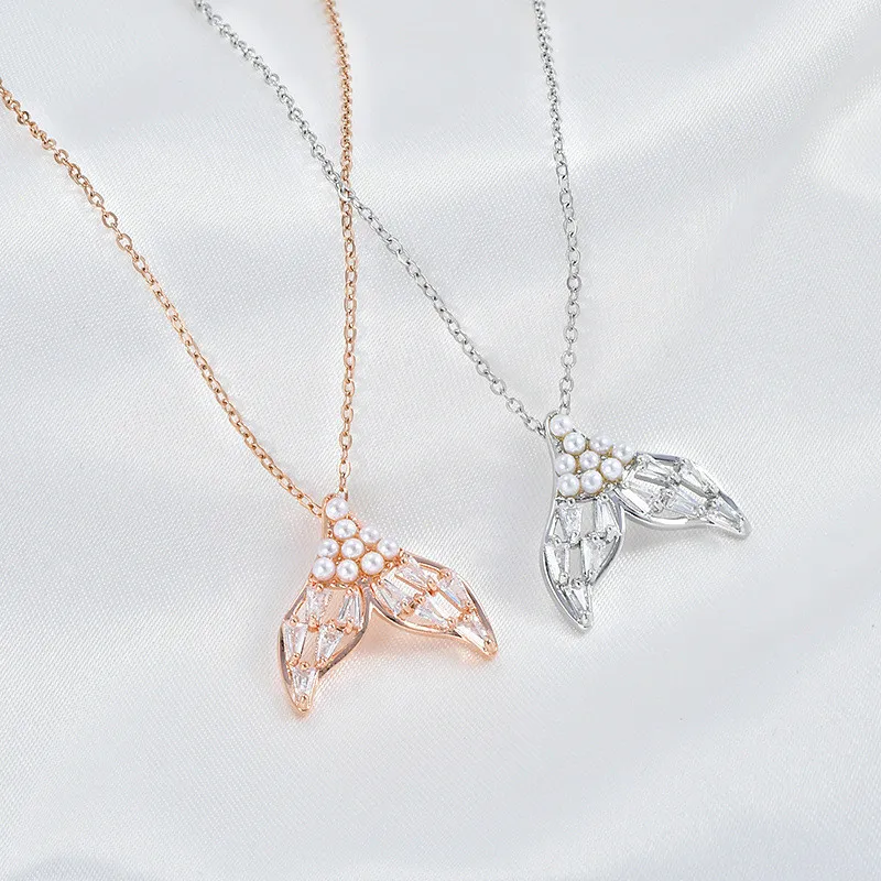 New Women's Silver Fresh Fishtail Shiny Zircon Pearl Pendant Necklace Girls Festival Gift 62293
