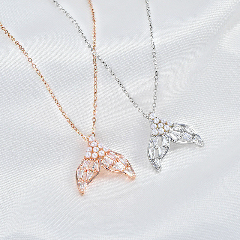 New Women's Silver Fresh Fishtail Shiny Zircon Pearl Pendant Necklace Girls Festival Gift