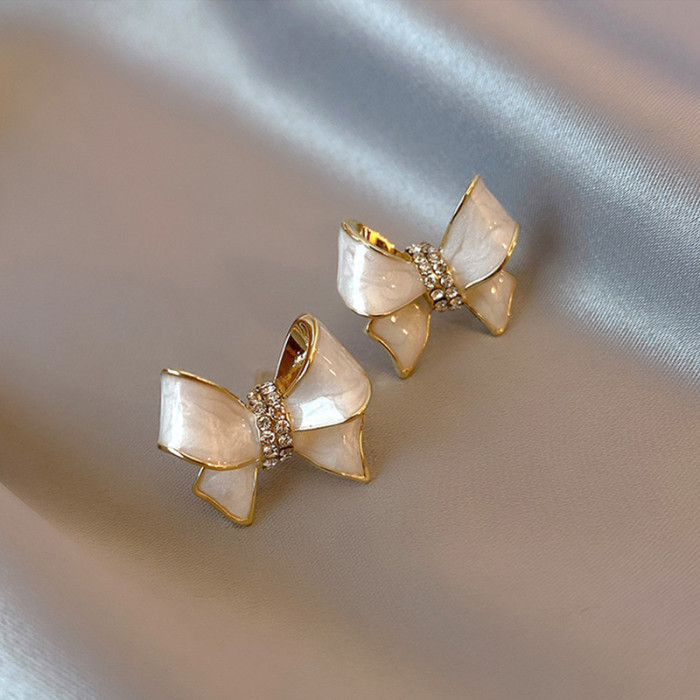 Elegant White Enamel Bow Knot Earrings for Women Girls 2022 Korean Sweet Shell Stud Statement Jewelry