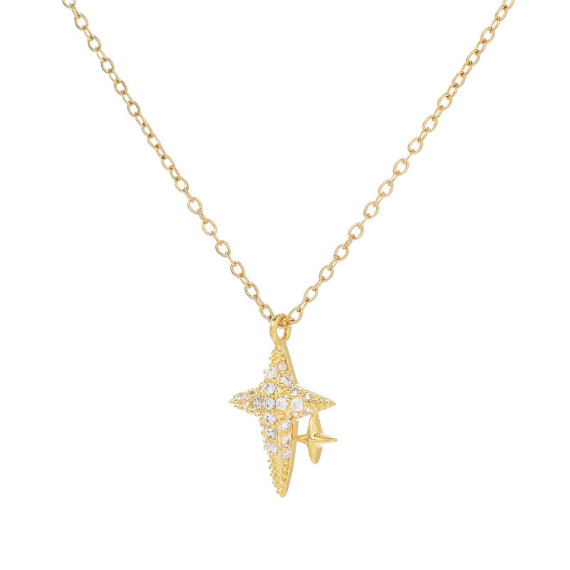 Four Pointed Star Necklace Simple Chain Shiny Zircon Cross Pendant Party Wedding Jewelry