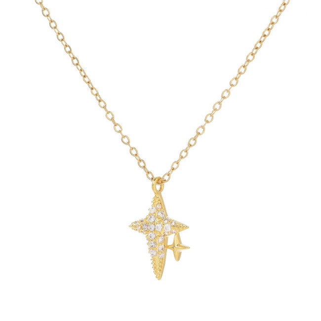 Four Pointed Star Necklace Simple Chain Shiny Zircon Cross Pendant Party Wedding Jewelry